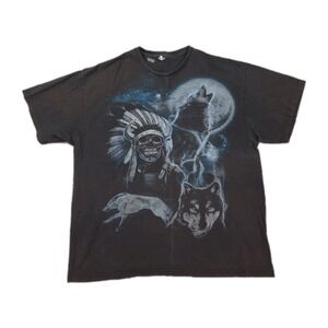 Vintage‎ Native American T Shirt Mens XL Indian Chief Shaman Skull Wolves Moon
